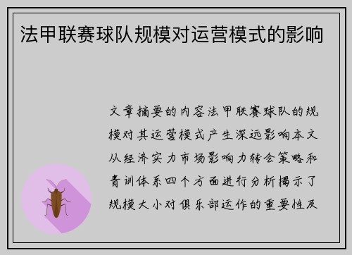 法甲联赛球队规模对运营模式的影响