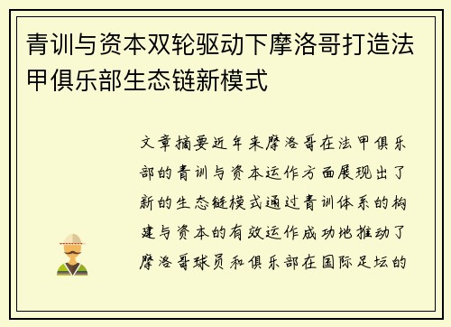青训与资本双轮驱动下摩洛哥打造法甲俱乐部生态链新模式