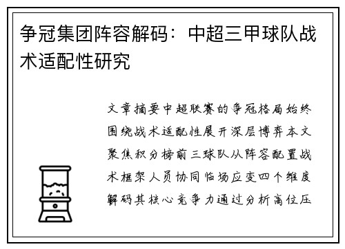 争冠集团阵容解码：中超三甲球队战术适配性研究